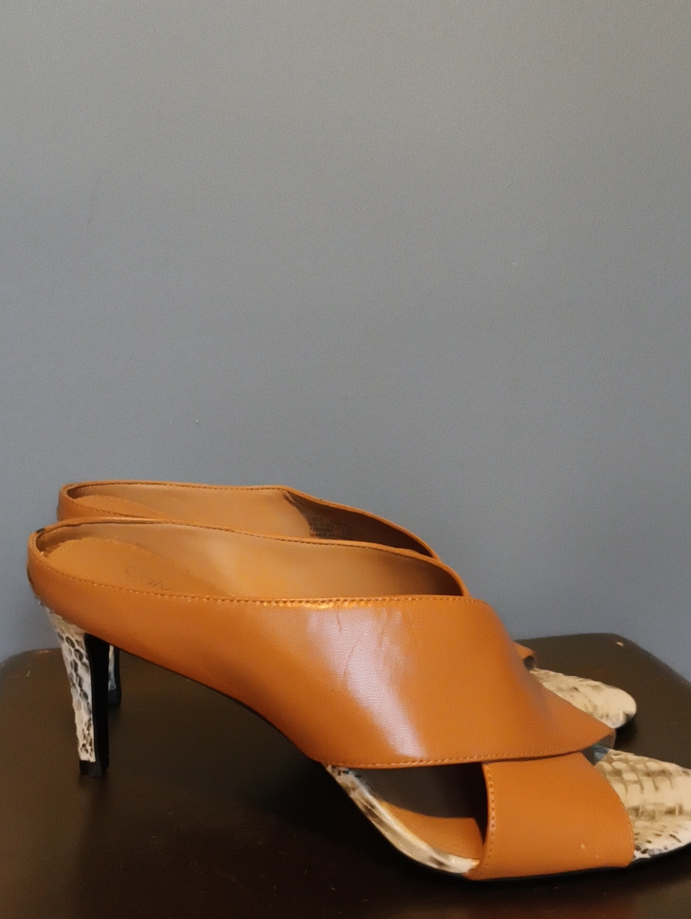 Calvin Klein Tan Leather Open-Toe Mules with Snakeskin Heel